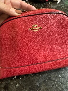 Coach Pebbled Leather Cosmetic Case - Red with Gold Logo